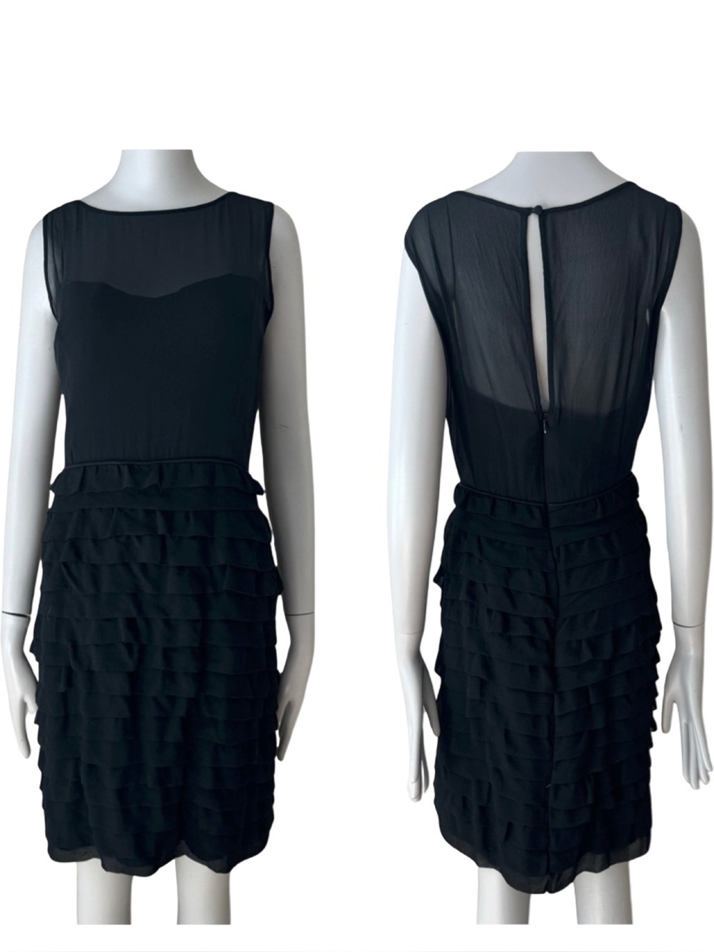 REISS Black Silk Dress Tiered Sheer Illusion Sleeveless LBD Cocktail Party